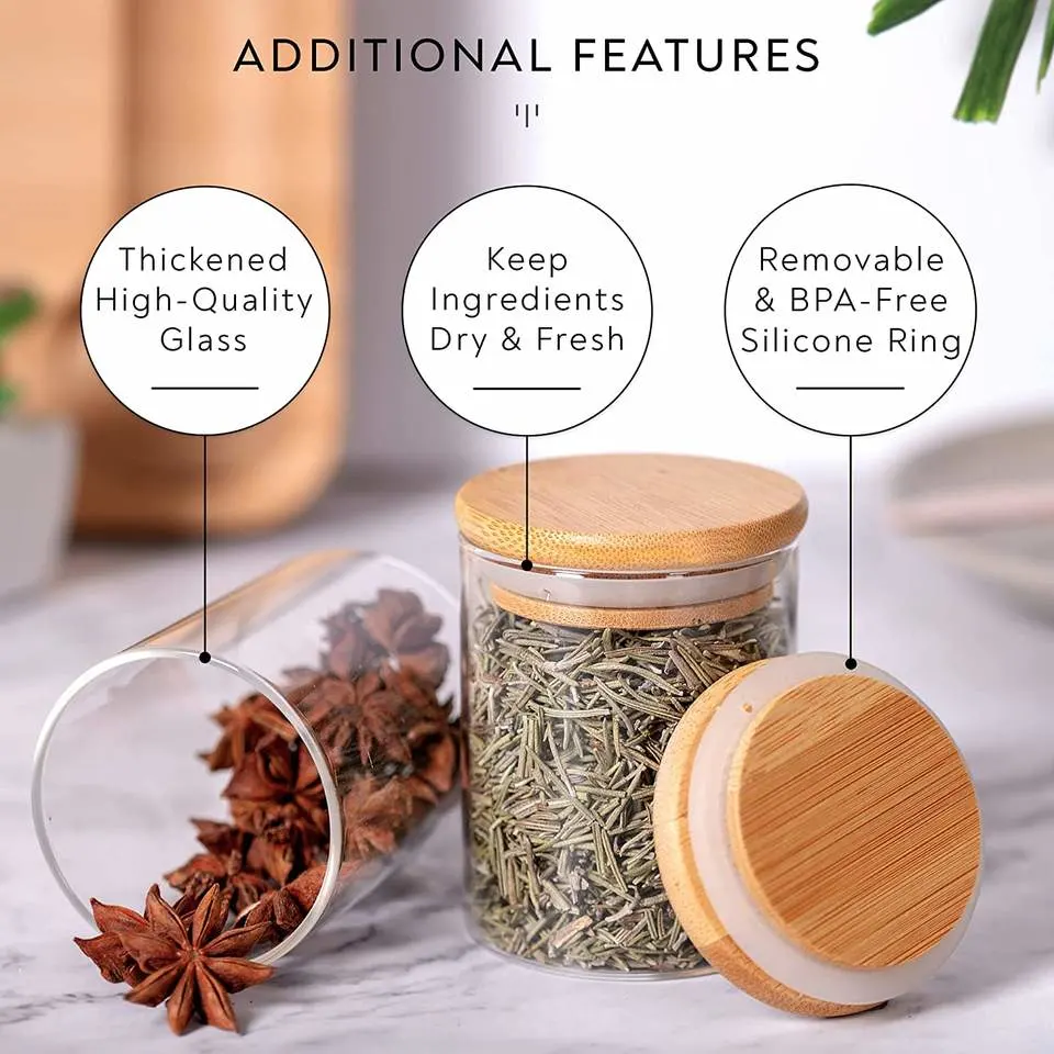Round Borosilicate Bamboo Glass Canister Spice Jar Kitchen Food Glass Storage Jar and Containers with Bamboo Lid