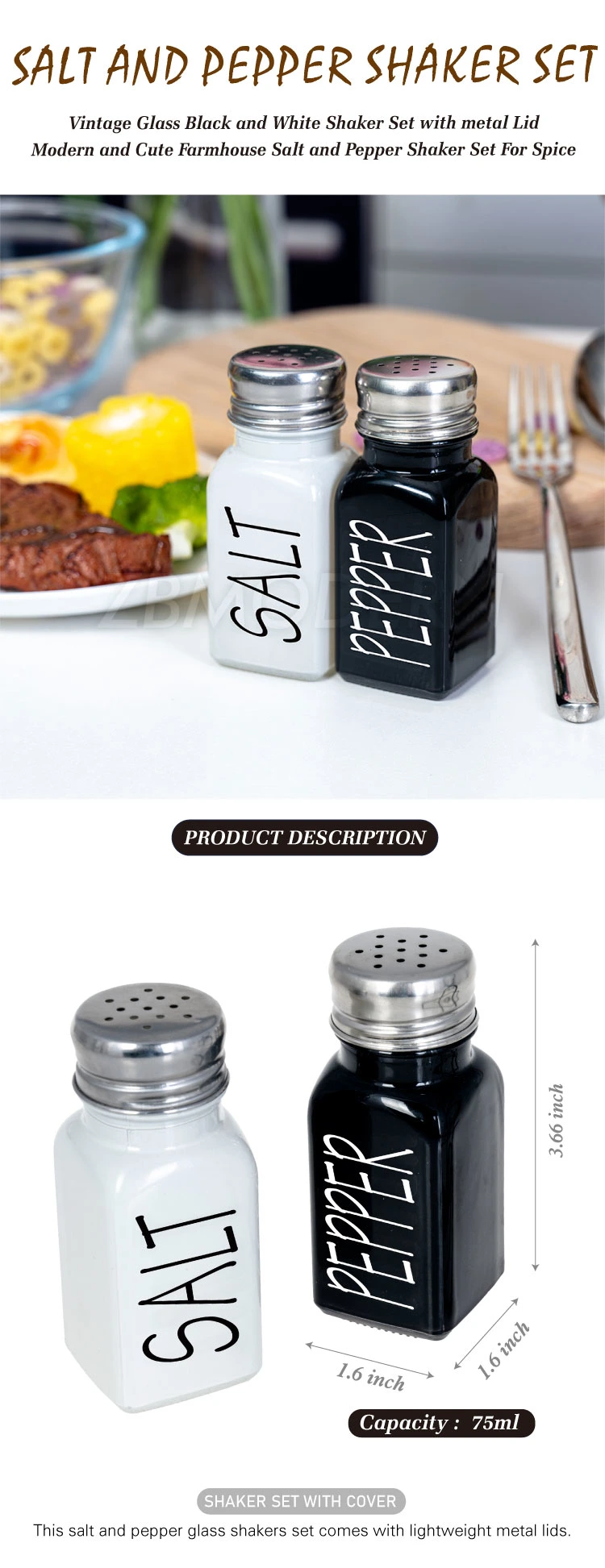 Salt and Pepper Shaker Set Vintage Glass Black and White Shaker Set with Metal Lid