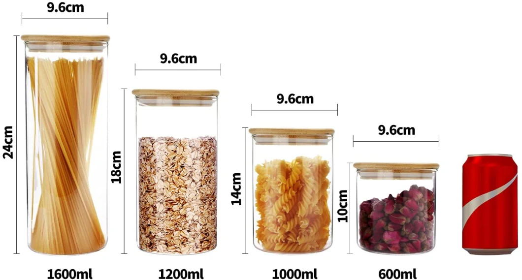 Wholesale 600ml 1000ml 1200ml 1600ml Glass Round Food Storage Sealed Cans Containers with Sealed Bamboo Lid for Coffee Flour Sugar Confectionery Biscuits Spices