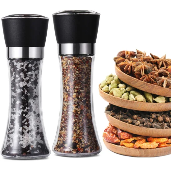 Qzq Wholesale Hot Sell Adjustable Manual Pepper Mill Glass Bottle Ceramic Core Stainless Steel Chili Salt and Pepper Grinder