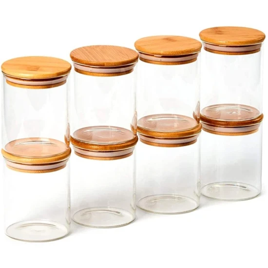 Small Capacity Food Storage Container with Bamboo Lid High Storage Jar Candle Candy Cookie Jar with Wooden Lid Glass Bottle