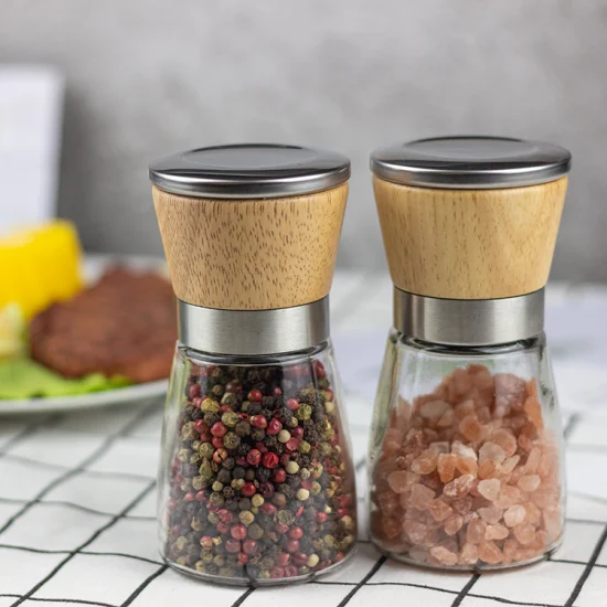 Durable Glass Bottle Manual Wood Spice Mill Wooden Himalayan Salt and Black Pepper Grinder Set