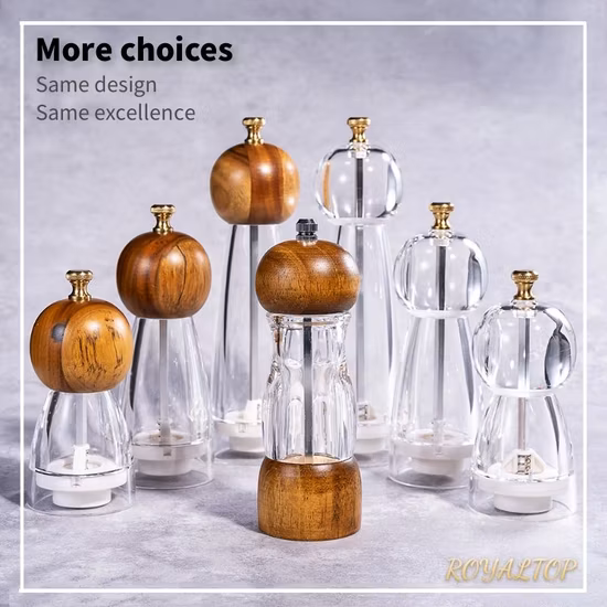 Amazon Refillable Plastic Acrylic Spice Mill Manual Adjustable Transparent Salt and Pepper Grinder Set with Wooden Cap