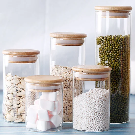 Factory Storage Glass Bottle Jars Food Storage Container with Airtight Bamboo Lid Borosilicale Clear Glass Jar