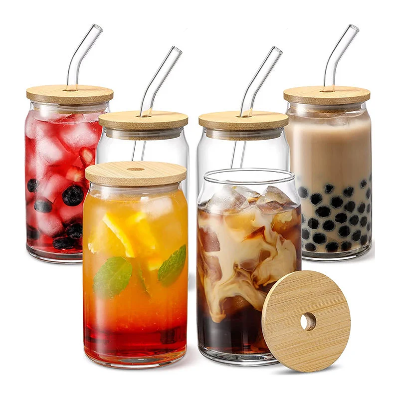 Drinking Glass 16 Oz Can Shaped Boba Tea Glass Beer Can Cups with Bamboo Lids and Glass Straws for Juice Beverage Milk