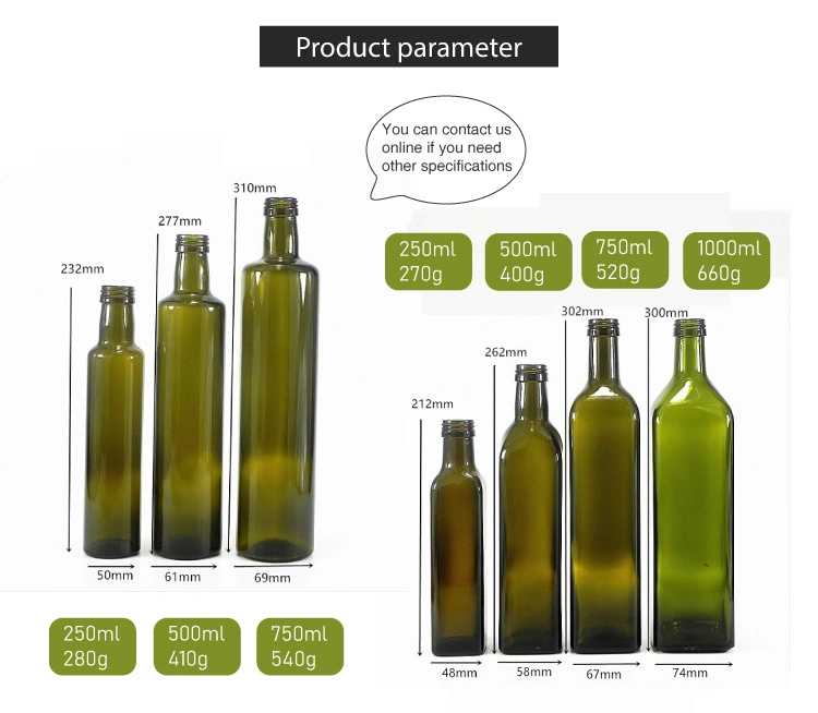 Hot Sell 100ml 250ml 500ml 750ml 1000ml Dark Green Amber Color Square Olive Oil Bottle with Lid and Shrink