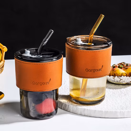 Glass Bamboo Cup with Leather Sleeve Straw Cup Drink Juice Cup Restaurant Beverage Cup Cold Drink Coffee Cup