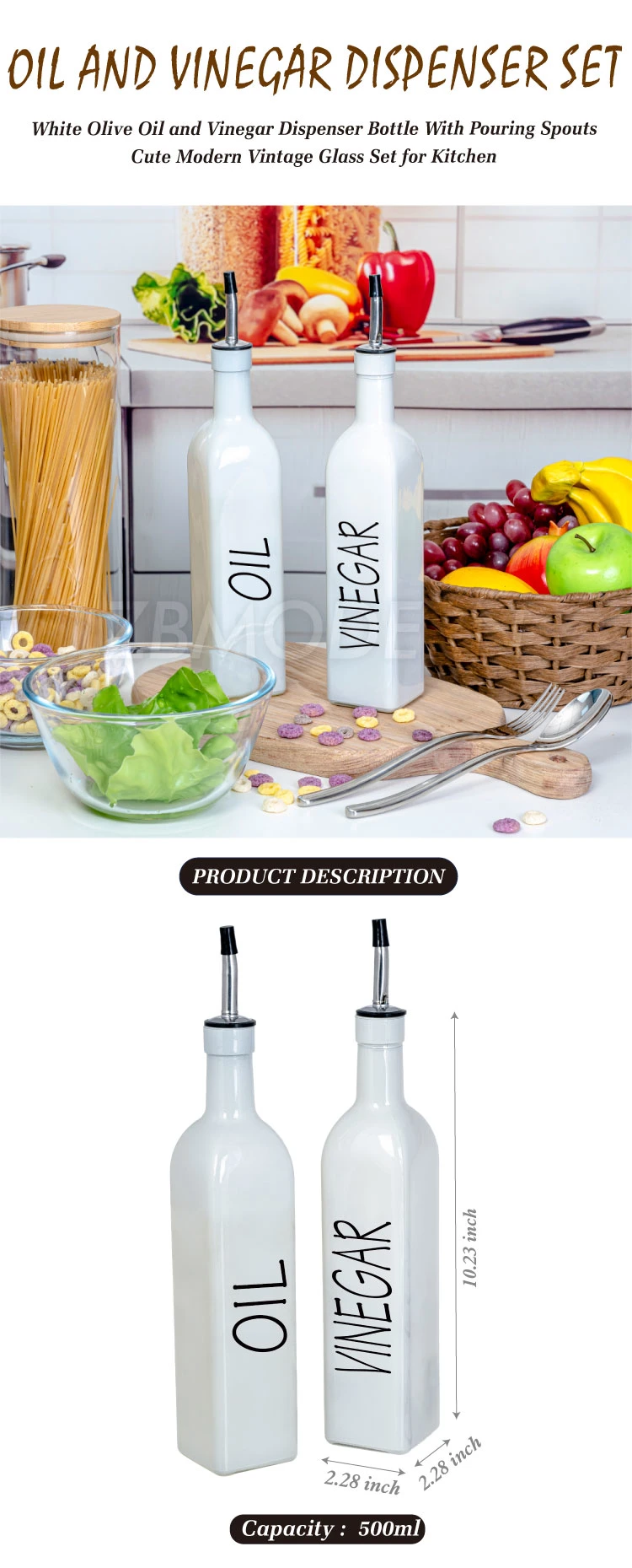 Cute Modern Vintage Glass Set for Kitchen 500ml 17oz Superior White Glass Oil and Vinegar Bottle Set Dispenser