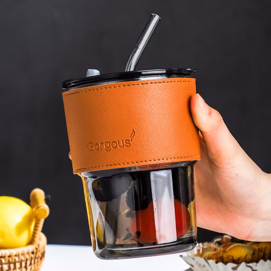 Glass Bamboo Cup with Leather Sleeve Straw Cup Drink Juice Cup Restaurant Beverage Cup Cold Drink Coffee Cup