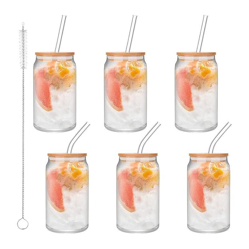 Drinking Glass 16 Oz Can Shaped Boba Tea Glass Beer Can Cups with Bamboo Lids and Glass Straws for Juice Beverage Milk