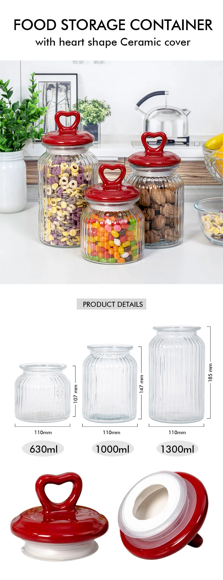 High Quality Kitchen Round Airtight Storage Glass Jar Food Storage Container with Heart Shape Ceramic Lid
