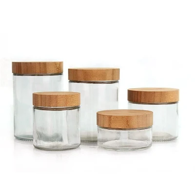 Eco-Friendly Straight Sided Cylinder Wide Mouth 200ml 300ml 750ml Spice Glass Honey Storage Jar Container with Wooden Bamboo Lid