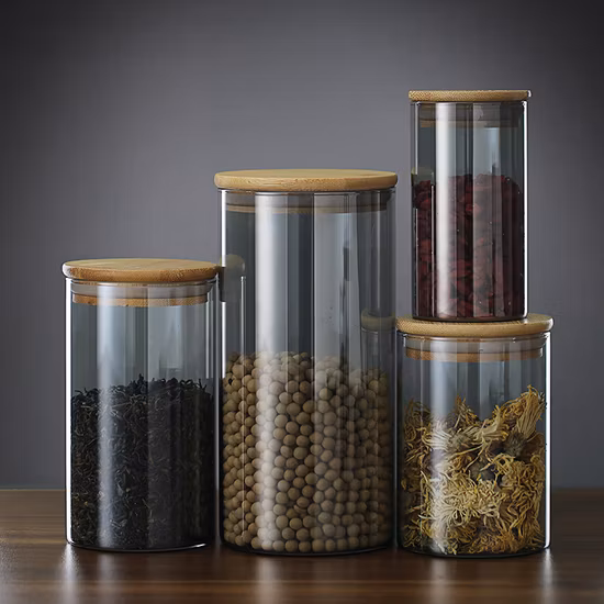 Round Borosilicate Bamboo Glass Canister Spice Jar Kitchen Food Glass Storage Jar and Containers with Bamboo Lid