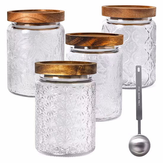 Wholesale Glassware Square Glass Food Spice Storage Jar Containers with Airtight Bamboo Lid