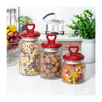 High Quality Kitchen Round Airtight Storage Glass Jar Food Storage Container with Heart Shape Ceramic Lid